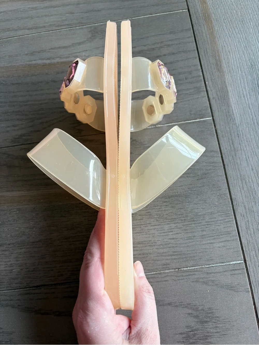 New York & Company Blush Clear Slides with Pink Gem Accents